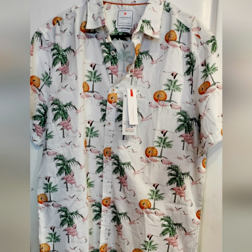 Cactus man flamingo palm shirt.